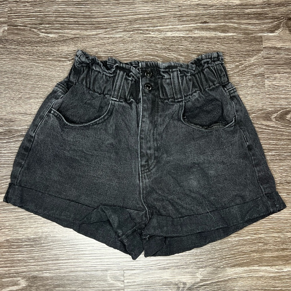 Forever 21 High Waisted Paper Bag Black Denim Shorts